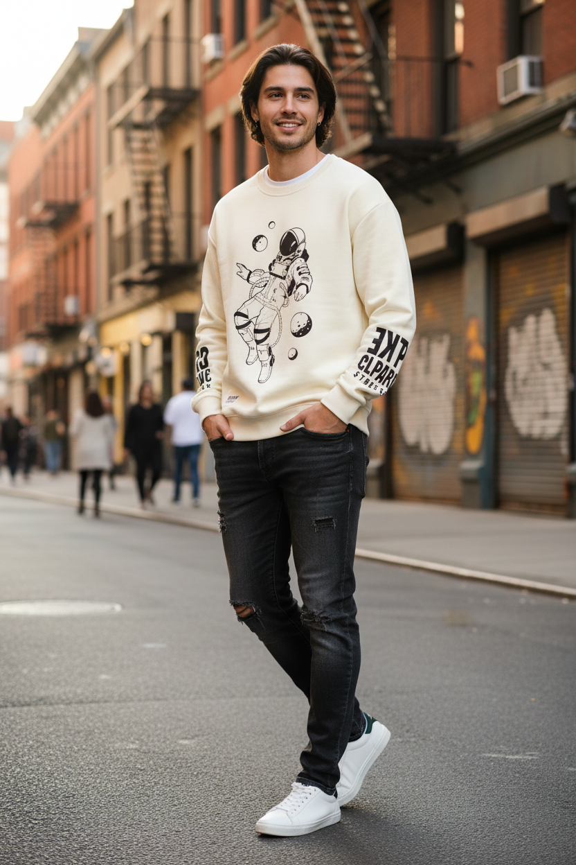 Autumn Men’s Astronaut Print Sweatshirt (Grey) — Harajuku Streetwear With a Space Twist