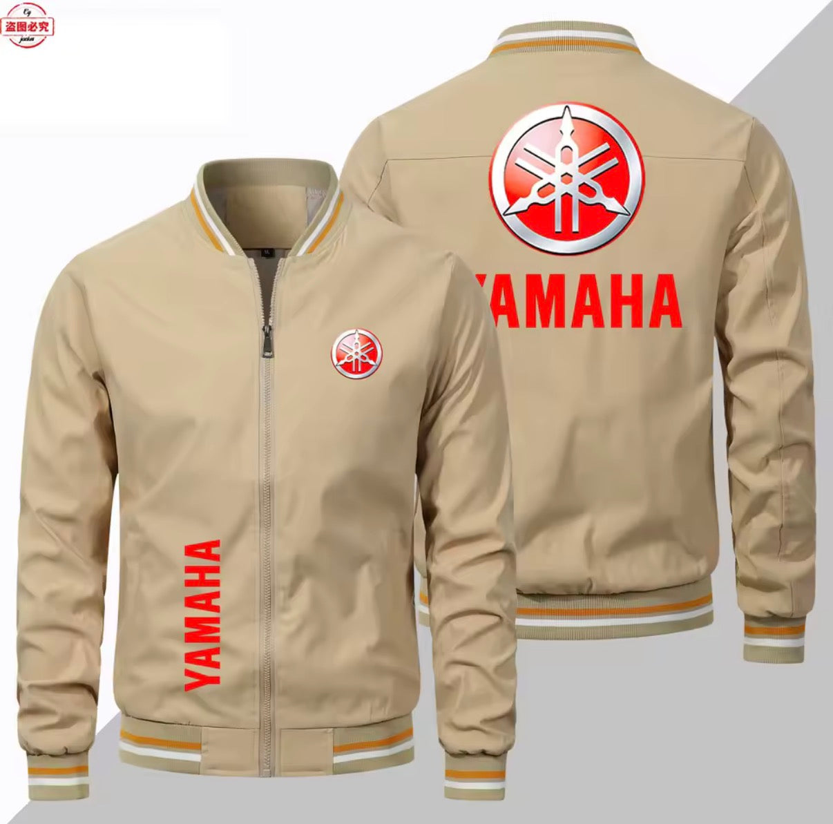 A beige Yamaha bomber jacket shown from both the front and back. The jacket features the red Yamaha logo on the left chest, a large red Yamaha logo and text on the back, and red 'YAMAHA' text running down the right front sleeve.