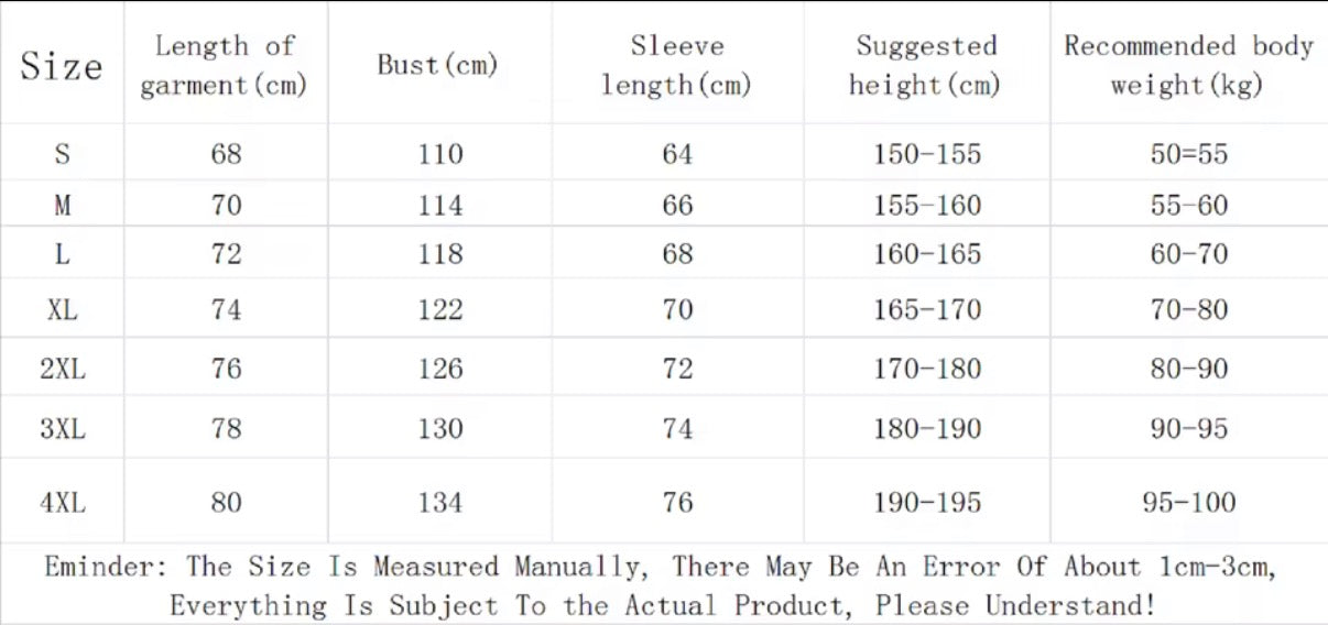 A size chart table showing measurements for clothing sizes S through 4XL, including length of garment in cm, bust in cm, sleeve length in cm, suggested height in cm, recommended body weight in kg, and a note about manual measurement error.