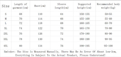 A size chart table showing measurements for clothing sizes S through 4XL, including length of garment in cm, bust in cm, sleeve length in cm, suggested height in cm, recommended body weight in kg, and a note about manual measurement error.