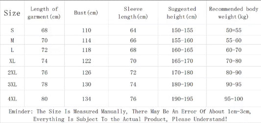 A size chart table showing measurements for clothing sizes S through 4XL, including length of garment in cm, bust in cm, sleeve length in cm, suggested height in cm, recommended body weight in kg, and a note about manual measurement error.