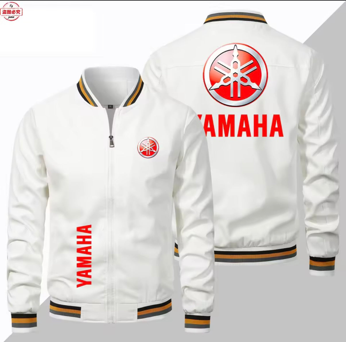 White Yamaha zip-up jacket shown from the front and back, featuring red Yamaha branding and gold and black striped ribbed trim on the collar, cuffs, and hem.