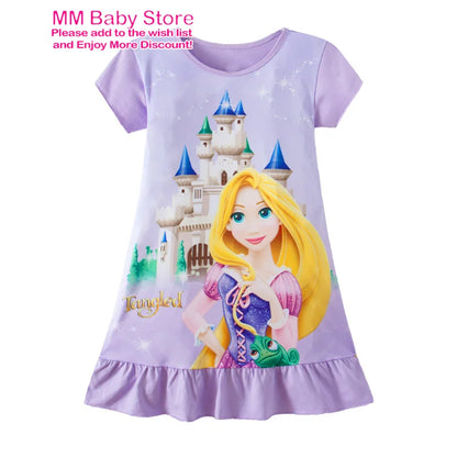 Summer New Cartoon Anna Elsa Printing Sleepwear Snow White Mermaid Girl Nightgowns Children Party Dresses Pajamas For Girls