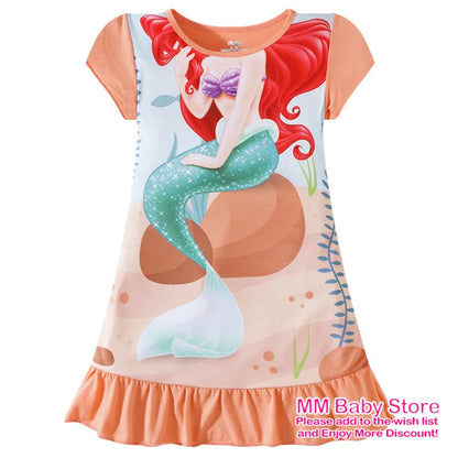 Summer New Cartoon Anna Elsa Printing Sleepwear Snow White Mermaid Girl Nightgowns Children Party Dresses Pajamas For Girls