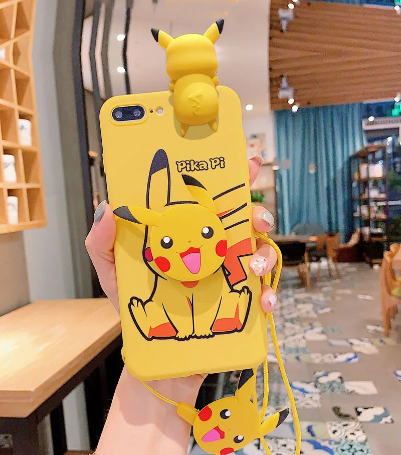 iPhone 6 6s 7 8 X Xs Max XR 11 12 13 14 15 16 Pro Max SE Pokemon Pikachu Phone Case With Holder Rope