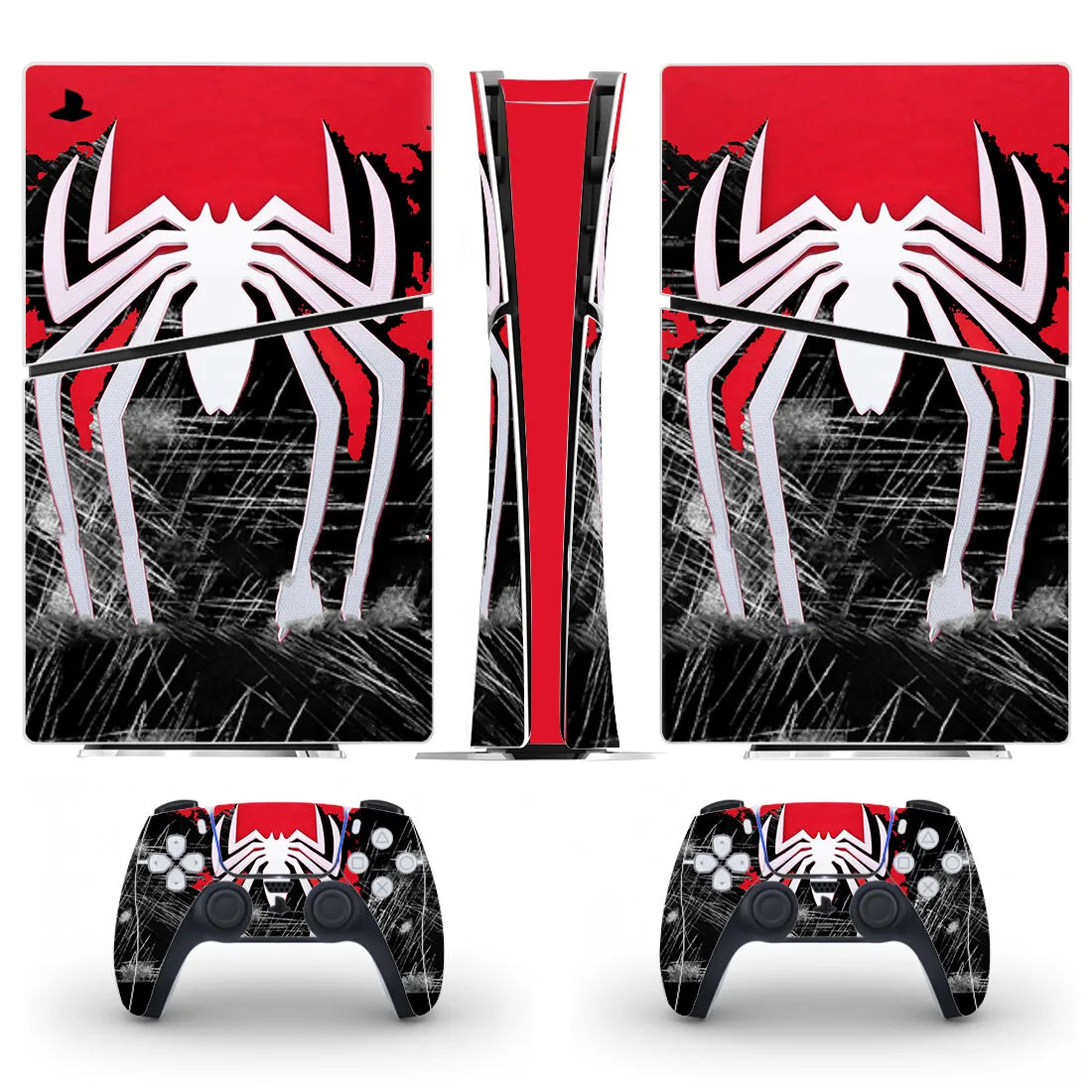 Gaming console and controller skin with Spider-Man design on a white background