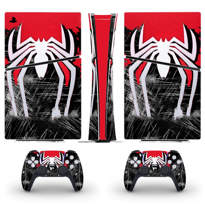 Gaming console and controller skin with Spider-Man design on a white background
