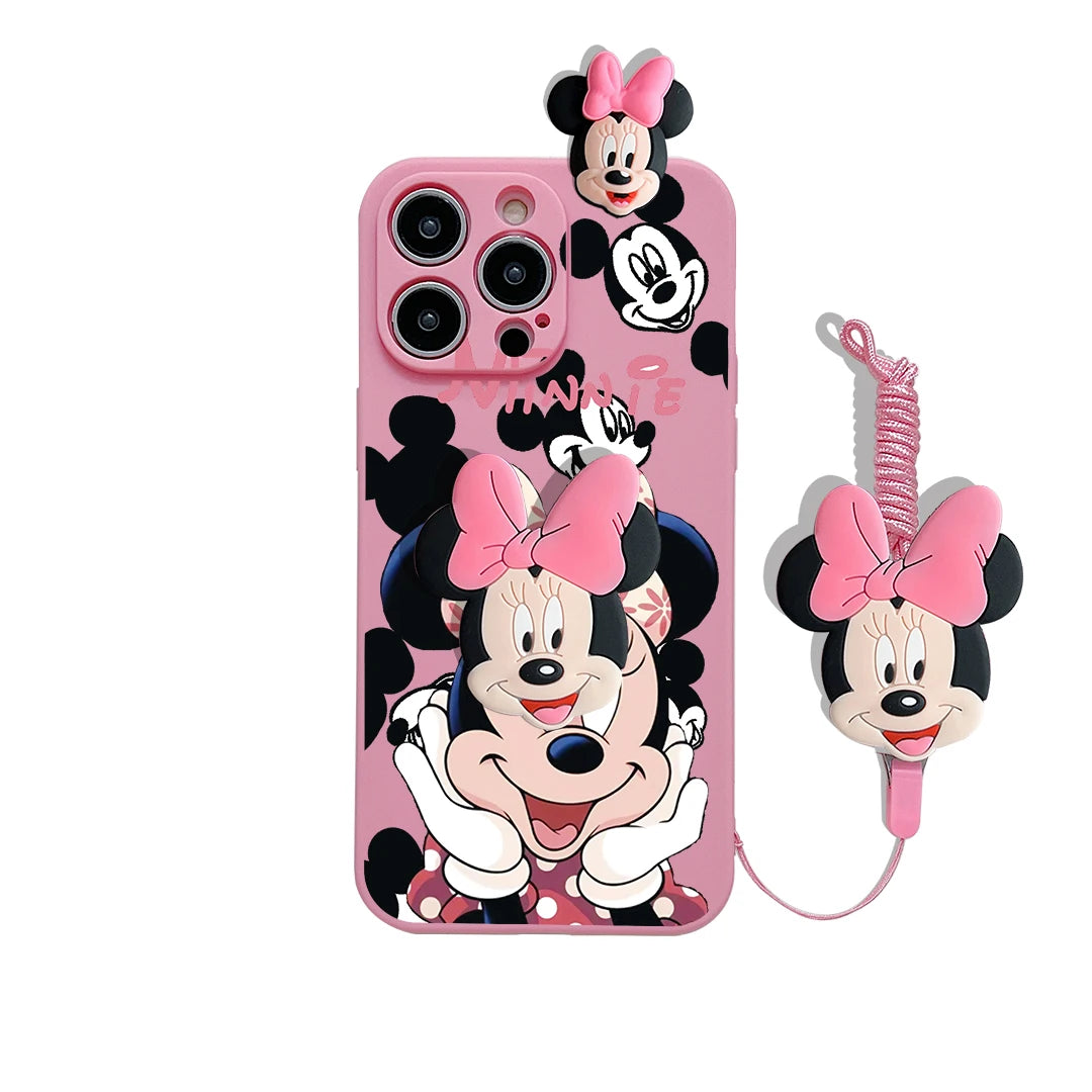 Cartoon Case With Holder Rope Cover For iPhone 16 15 14 13 12 Mini 11 Pro X XS Max XR 7 8 6 6S Plus SE 2022