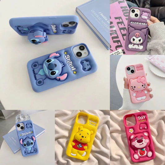 Stitch Kitty Kuromi Head Holder For iPhone 16 15 14 13 12 11 Pro Max Case Soft Silicone Soft Case