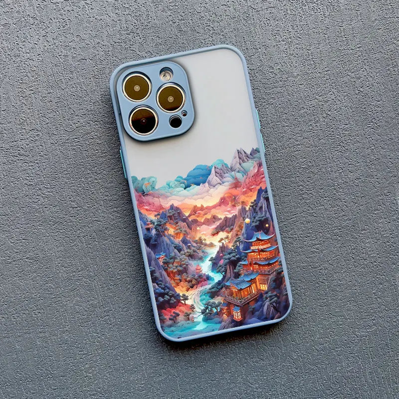 Phone case with a colorful mountain and temple design on a gray surface