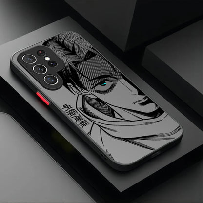A black phone case featuring a detailed black and white anime-style illustration of a male character's face, shown on a dark gray smartphone. The case has a red accent ring near the camera cutout and is displayed on a dark, geometric background.