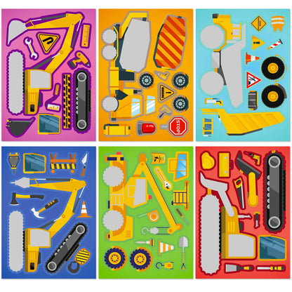 6Sheets Children DIY Puzzle Sticker Games 6 Engineering Truck Make A Face Funny Assemble Jigsaw Stickers Kids Educational Toys