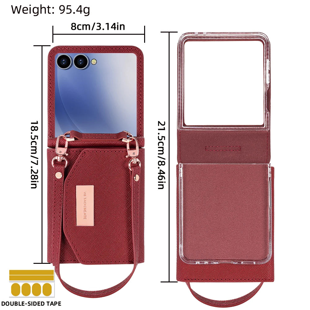 VIETAO Dark Red PU Leather Wallet Phone Case with Wrist Strap for Galaxy Z Flip 7/6/5/4/3 Women's Fashionable Phone Cover Case