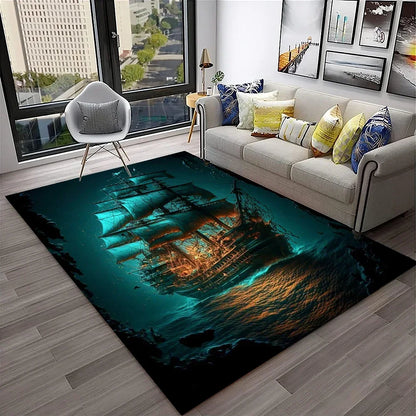 3D Pirate Ship Boat,Sailboat,Barque Carpet Rug for Home Living Room Bedroom Sofa Doormat Decor,kids Area Rug Non-slip Floor Mat