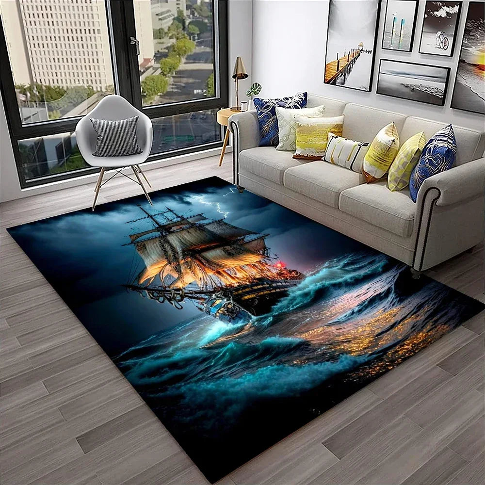 3D Pirate Ship Boat,Sailboat,Barque Carpet Rug for Home Living Room Bedroom Sofa Doormat Decor,kids Area Rug Non-slip Floor Mat