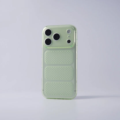 A light green translucent protective phone case with a textured honeycomb pattern on the back, shown on a clean light gray background.