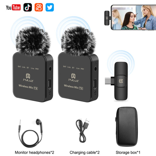 PULUZ 2.4G Wireless Lavalier Microphone Live Broadcast Gaming Microphone For iPhone Type-C Android Camera Audio Video ForYouTube