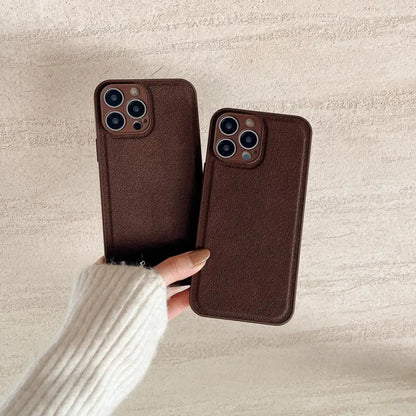 Luxury Solid Color Brown Soft Leather Phone Case For iPhone 15 14 12 13 Pro Max 11 X XS XR 7 8 Plus SE Shockproof Silicone Cover