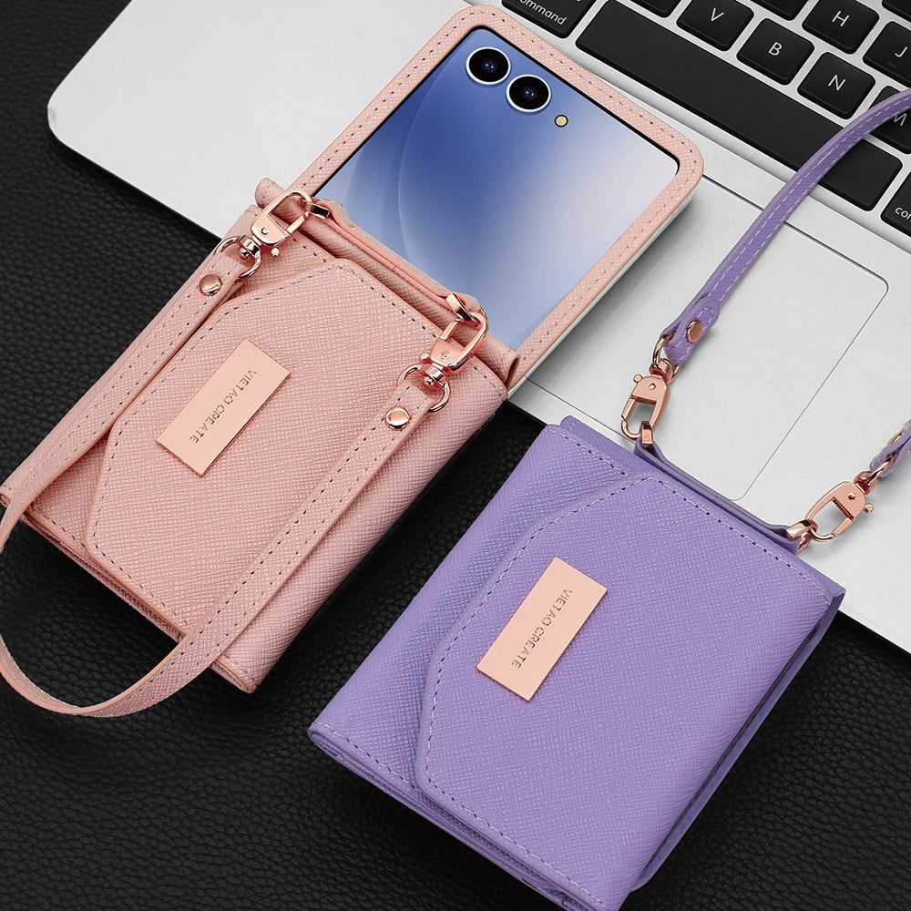 VIETAO Dark Red PU Leather Wallet Phone Case with Wrist Strap for Galaxy Z Flip 7/6/5/4/3 Women's Fashionable Phone Cover Case