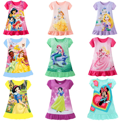 Summer New Cartoon Anna Elsa Printing Sleepwear Snow White Mermaid Girl Nightgowns Children Party Dresses Pajamas For Girls