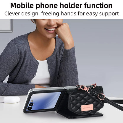 VIETAO Luxury Soft PU Leather Wallet Phone Case for Galaxy Z Flip 7/6/5/4/3 with Crossbody Strap - Durable Protective Cover