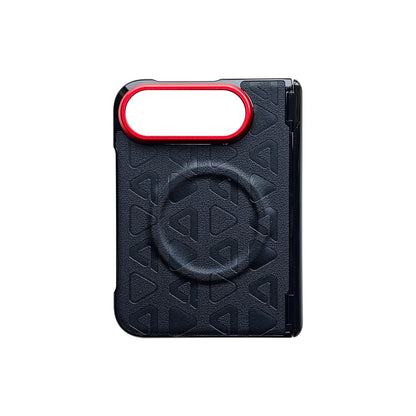 A black textured phone case with a circular magnetic ring and a red accent border around the camera cutout, shown on a plain white background.