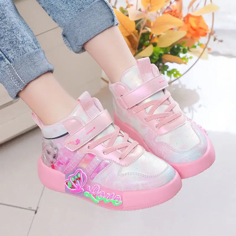 Cartoon Children's Casual Shoes Girls' Sports Shoes Frozen Priness Elsa Girls' High Top Pink Fashion Shoes Sneakers Size 25-36