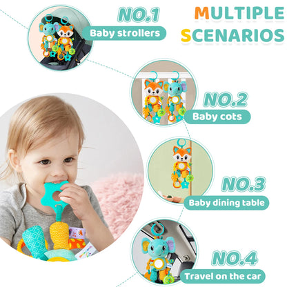 Soft Hanging Crinkle Squeaky Sensory LearningToy Stroller Car Seat Crib Travel Plush Animal Wind Chime with Teether Boys Girls - ST Superstore