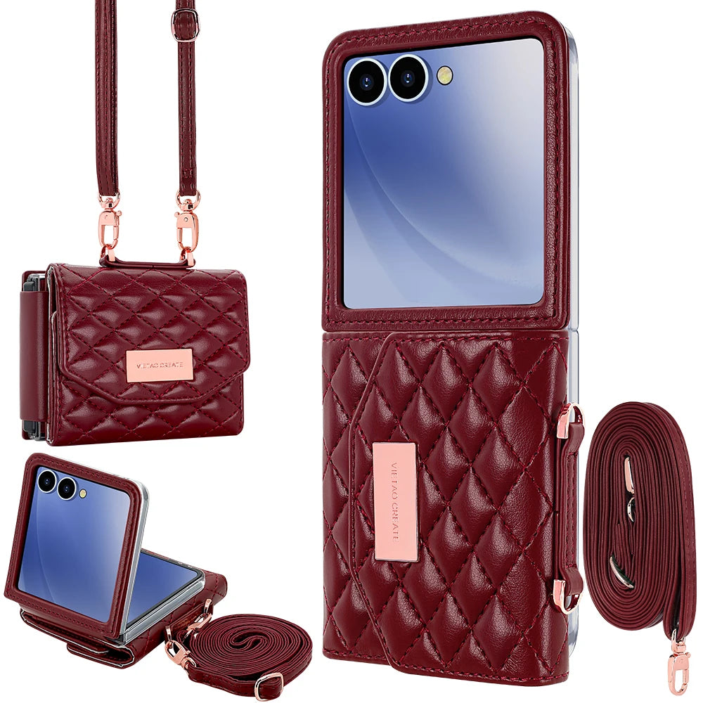 VIETAO Luxury Soft PU Leather Wallet Phone Case for Galaxy Z Flip 7/6/5/4/3 with Crossbody Strap - Durable Protective Cover