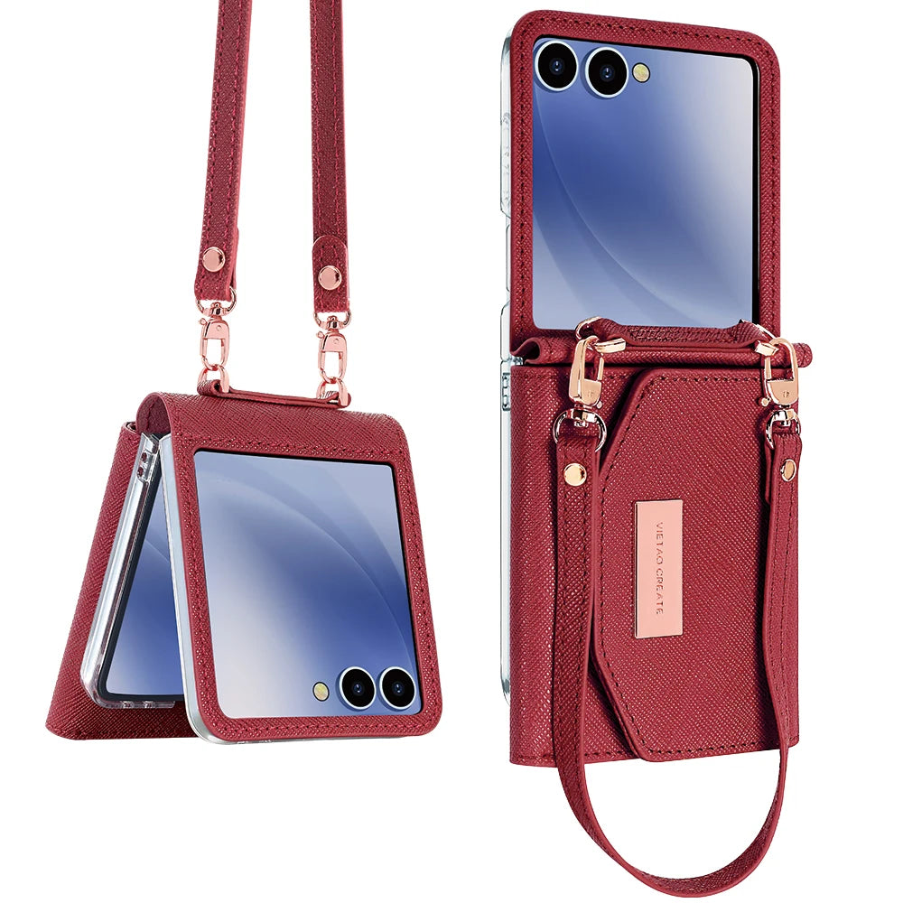 VIETAO Dark Red PU Leather Wallet Phone Case with Wrist Strap for Galaxy Z Flip 7/6/5/4/3 Women's Fashionable Phone Cover Case