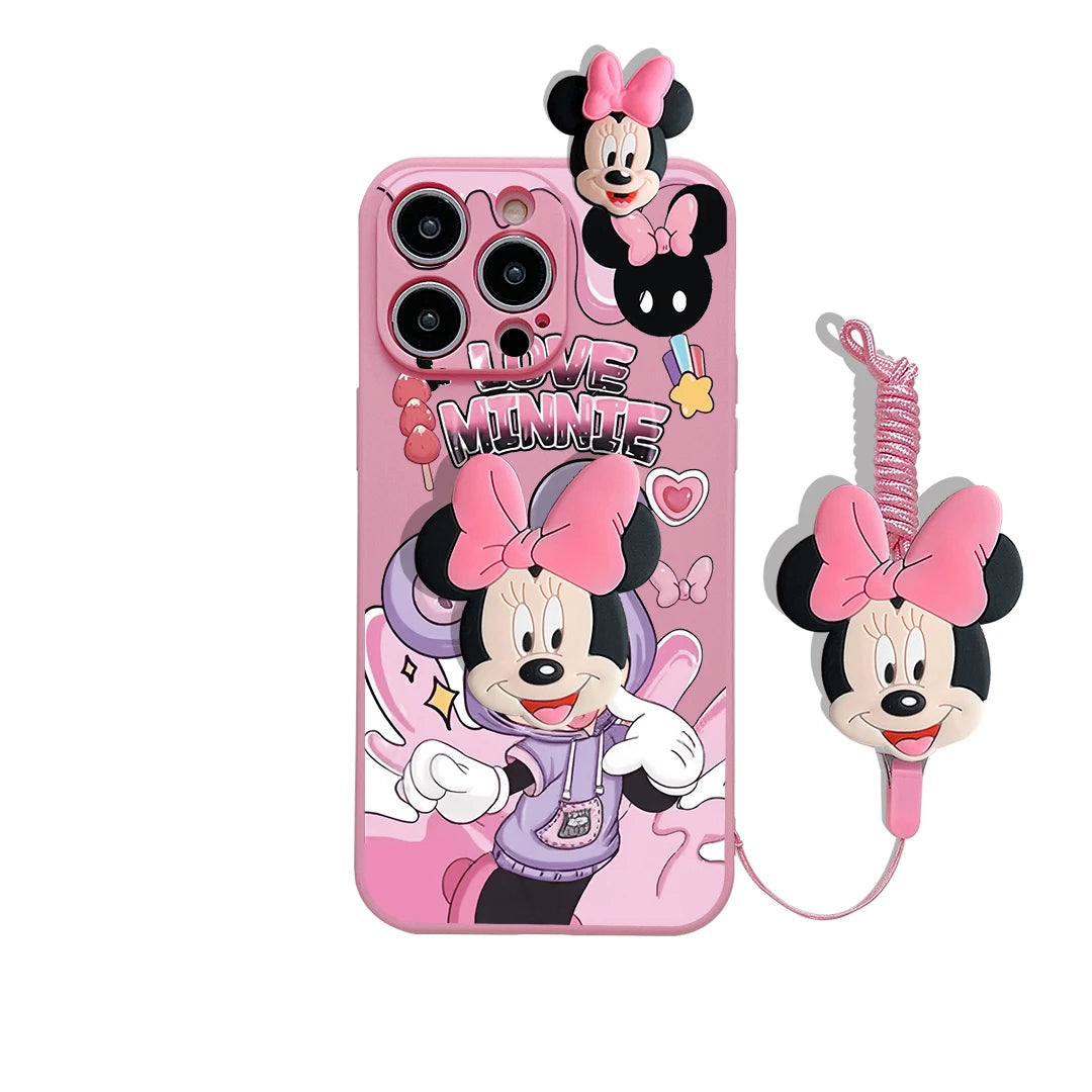 Cartoon Case With Holder Rope Cover For iPhone 16 15 14 13 12 Mini 11 Pro X XS Max XR 7 8 6 6S Plus SE 2022