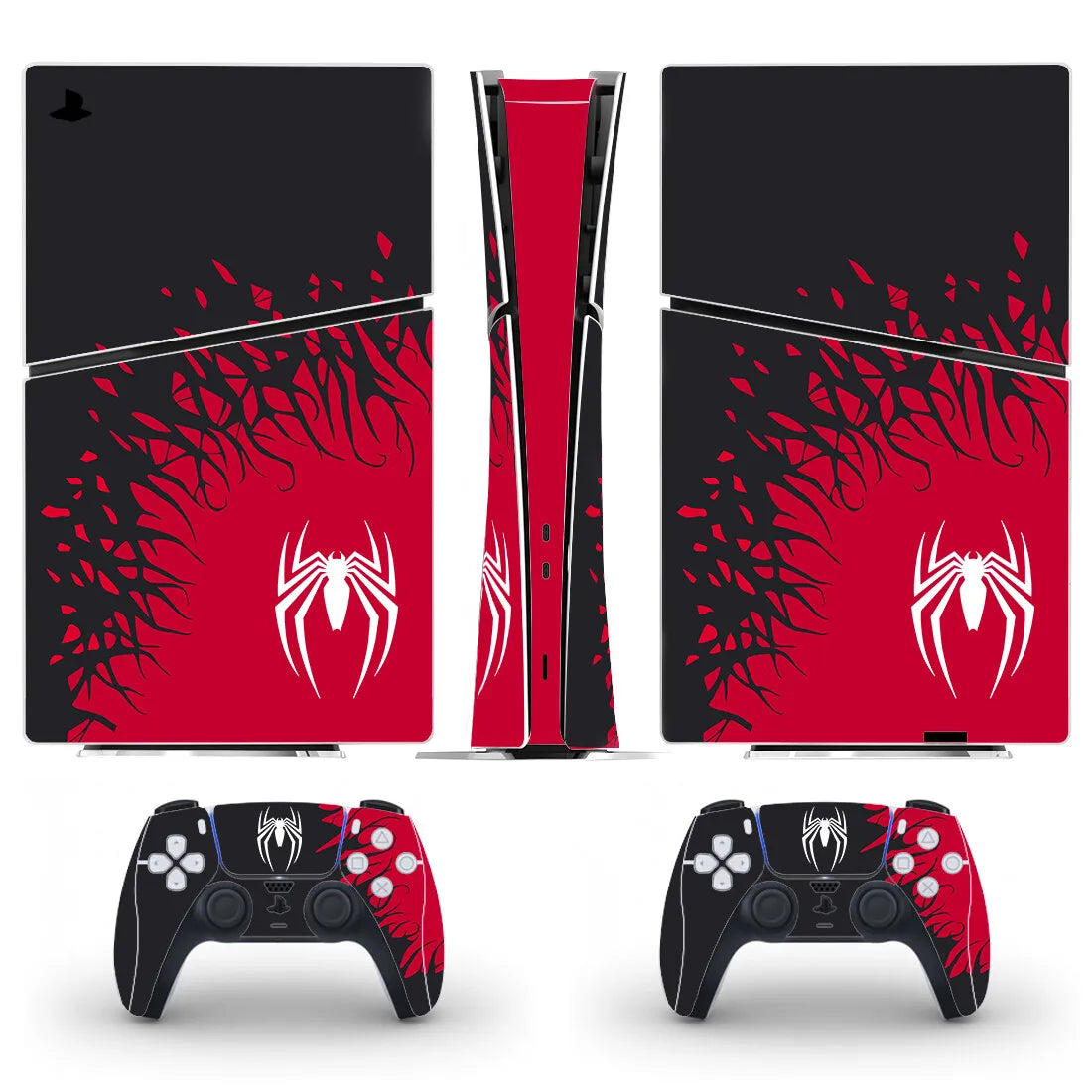 Gaming console and controller skin with red and black spider design on a white background