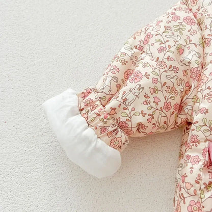 Baby Girls Cotton-padded Jacket Coat 2024 Winter New Plus Velvet Infant Bowtie Coats Kids Fashion Floral Warm Hooded Outerwears
