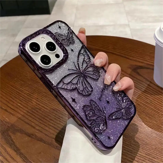 3D Bling Glitter Butterfly Quicksand Gradient Phone Case For iPhone 16 15 14 13 12 11 Pro Max 16 Plus Plating Shockproof  Cover