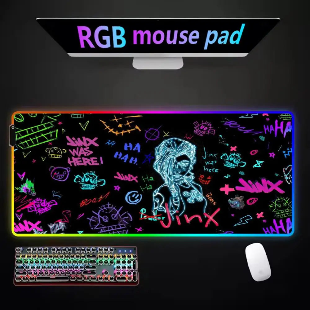 Arcane Jinx LOL Mouse Pad  RGB Keyboard Cover Colorful MousePad LED Light E-sports Mousepad Computer Gamer Glow Long Desk Mat