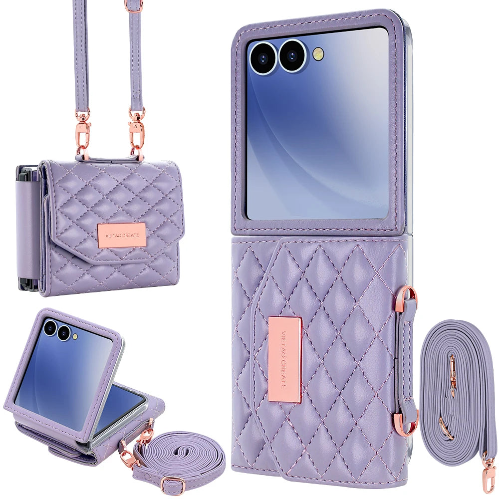 VIETAO Luxury Soft PU Leather Wallet Phone Case for Galaxy Z Flip 7/6/5/4/3 with Crossbody Strap - Durable Protective Cover