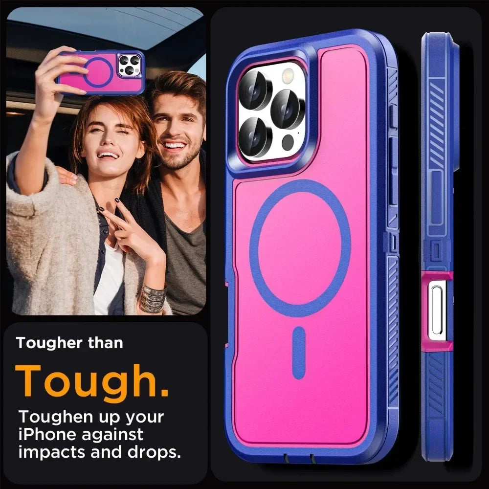 Pink and blue phone case with text 'Tougher than Tough' and lifestyle image of a couple using a phone.