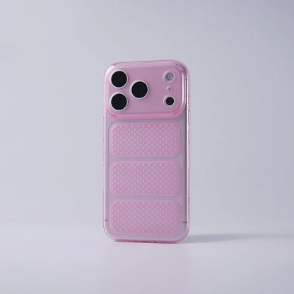A translucent pink phone case with a textured honeycomb pattern on the back, shown on a light gray background.