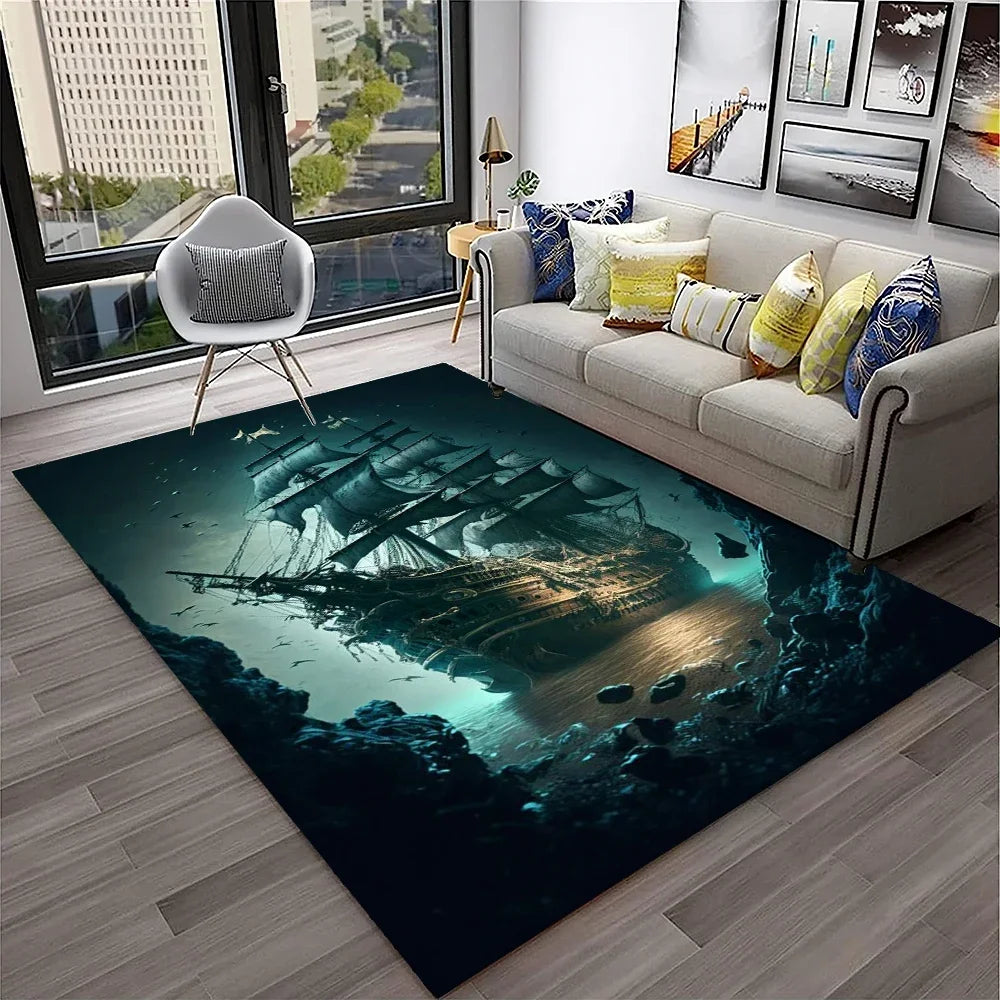 3D Pirate Ship Boat,Sailboat,Barque Carpet Rug for Home Living Room Bedroom Sofa Doormat Decor,kids Area Rug Non-slip Floor Mat