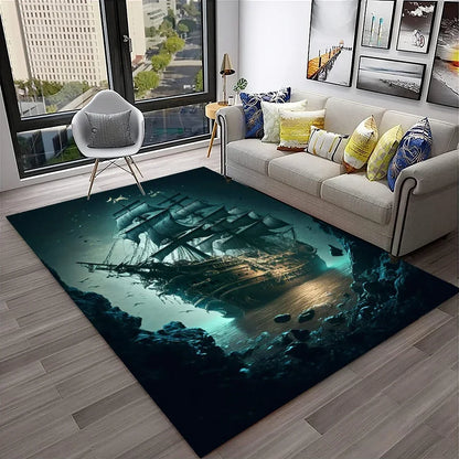 3D Pirate Ship Boat,Sailboat,Barque Carpet Rug for Home Living Room Bedroom Sofa Doormat Decor,kids Area Rug Non-slip Floor Mat
