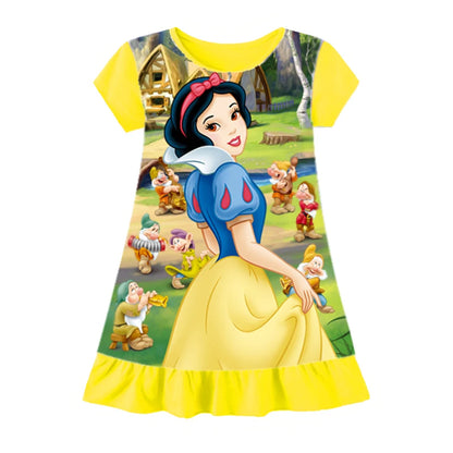 Summer New Cartoon Anna Elsa Printing Sleepwear Snow White Mermaid Girl Nightgowns Children Party Dresses Pajamas For Girls