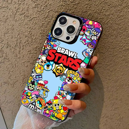 A hand holding a phone with a colorful Brawl Stars cartoon case against a textured beige wall.