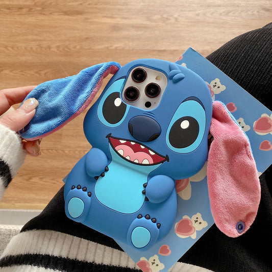 For iPhone 15 Pro Max 11 12 Pro Max 14 Pro 14 Plus 13 12 Kawaii Sit Stitch Big Ear Button Strap Cartoon Silicon Soft Phone Case