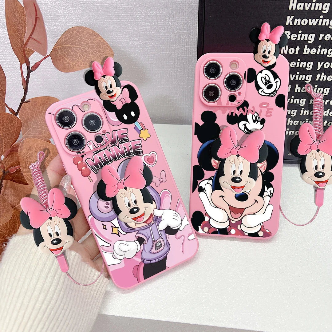 Cartoon Case With Holder Rope Cover For iPhone 16 15 14 13 12 Mini 11 Pro X XS Max XR 7 8 6 6S Plus SE 2022