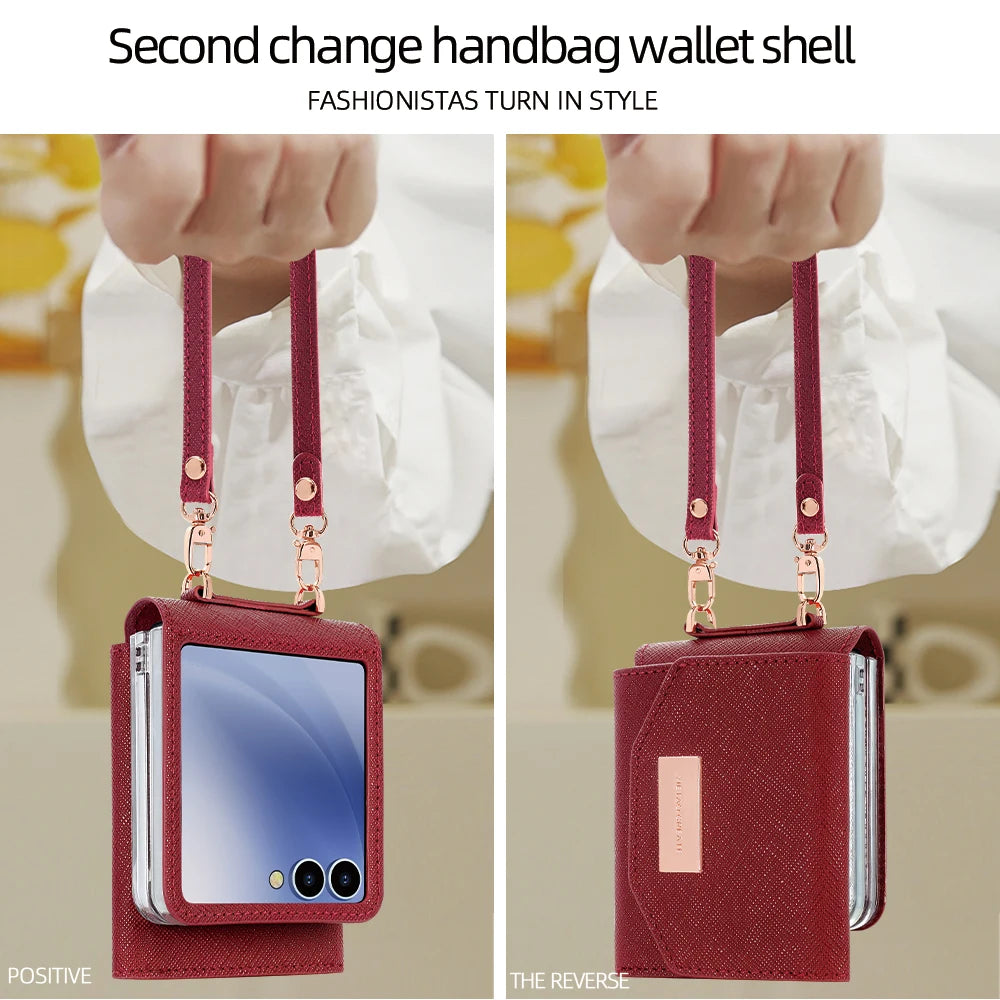 VIETAO Dark Red PU Leather Wallet Phone Case with Wrist Strap for Galaxy Z Flip 7/6/5/4/3 Women's Fashionable Phone Cover Case