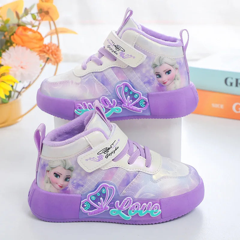 Children Sneakers Girls Fashion Cartoon Mid-top Sneaker Warm Winter Cotton Soft Sole Non-slip Casual Shoes Size 26-36