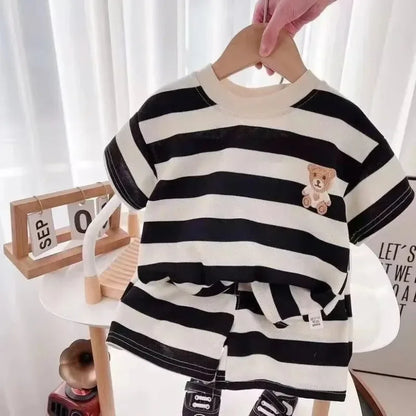 Summer Children Sets Boys Girls Short-sleeved Striped T-shirt +Shorts Set Babies Fashion Round Neck Tracksuits Kids Suits - ST Superstore