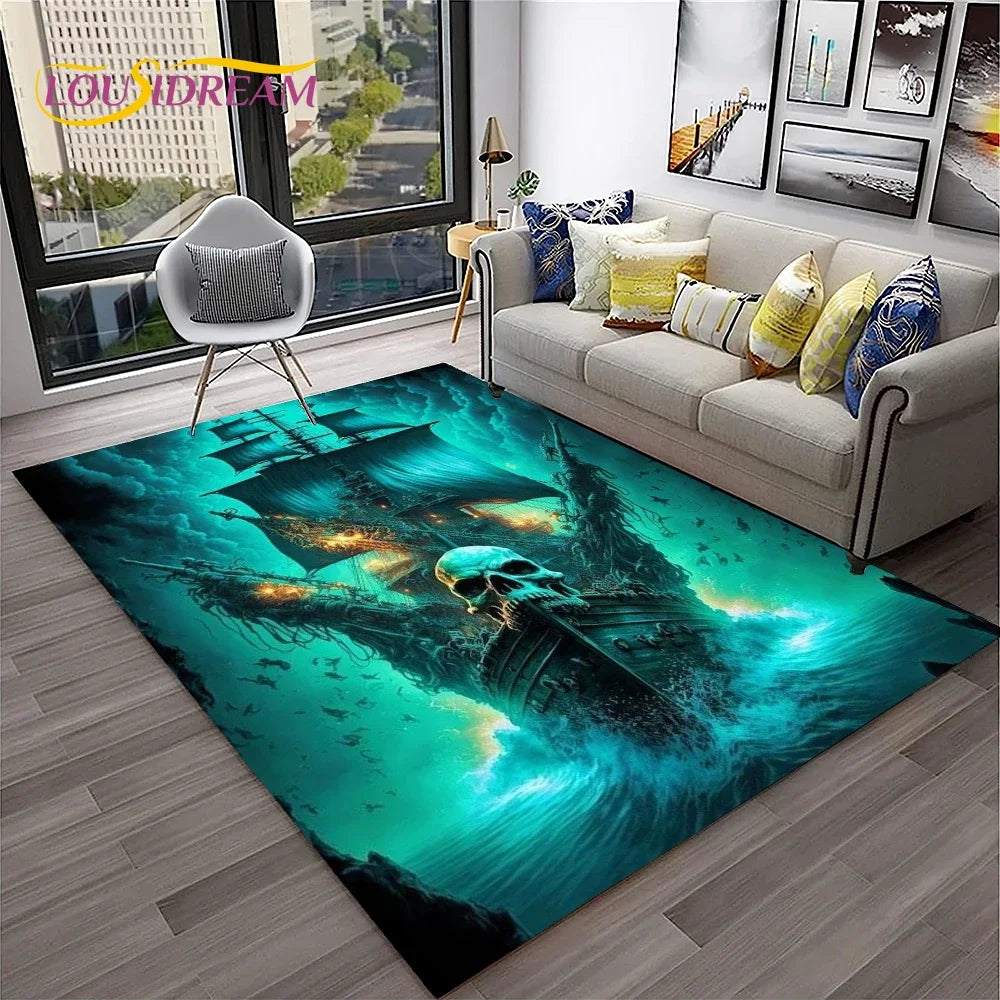 3D Pirate Ship Boat,Sailboat,Barque Carpet Rug for Home Living Room Bedroom Sofa Doormat Decor,kids Area Rug Non-slip Floor Mat