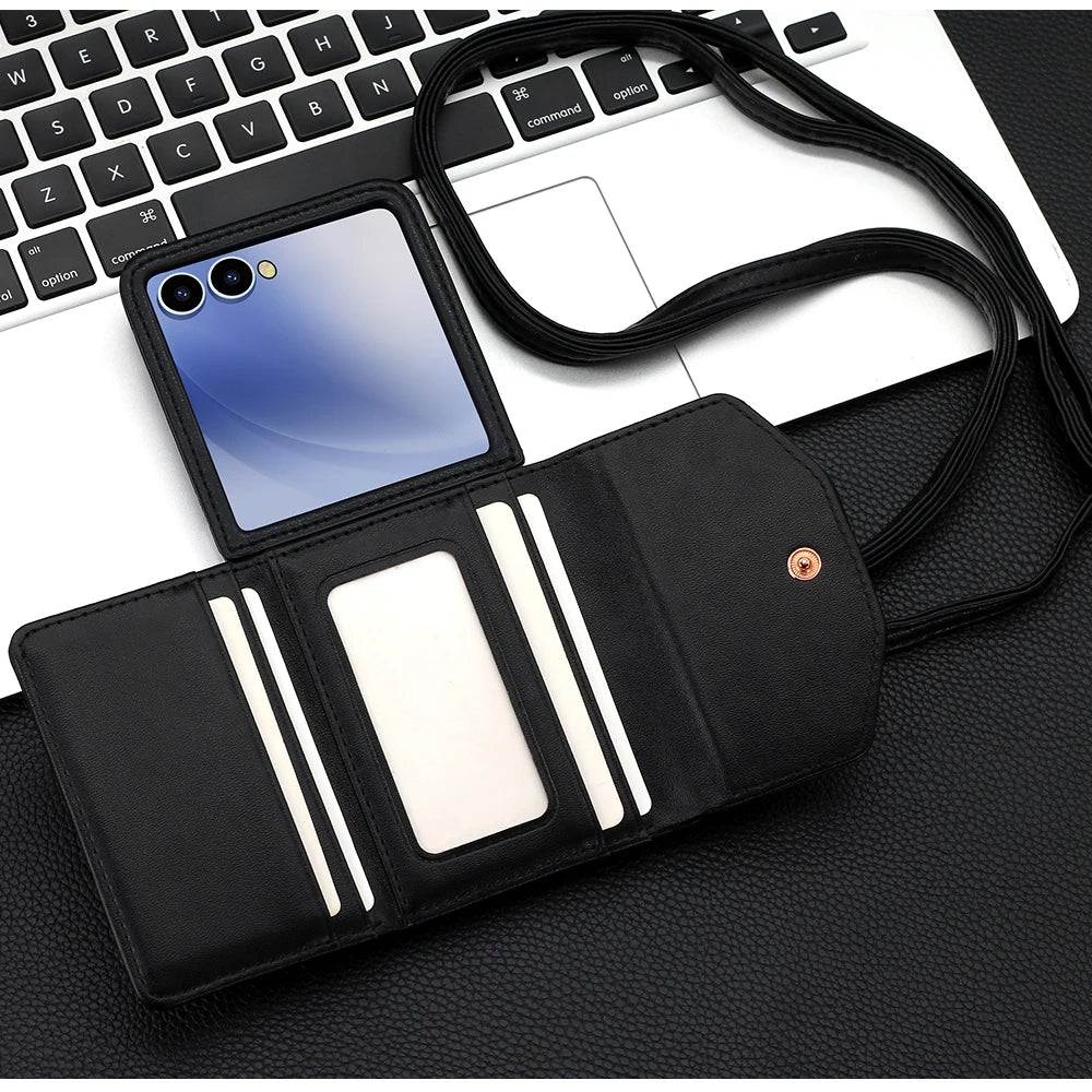 VIETAO Luxury Soft PU Leather Wallet Phone Case for Galaxy Z Flip 7/6/5/4/3 with Crossbody Strap - Durable Protective Cover