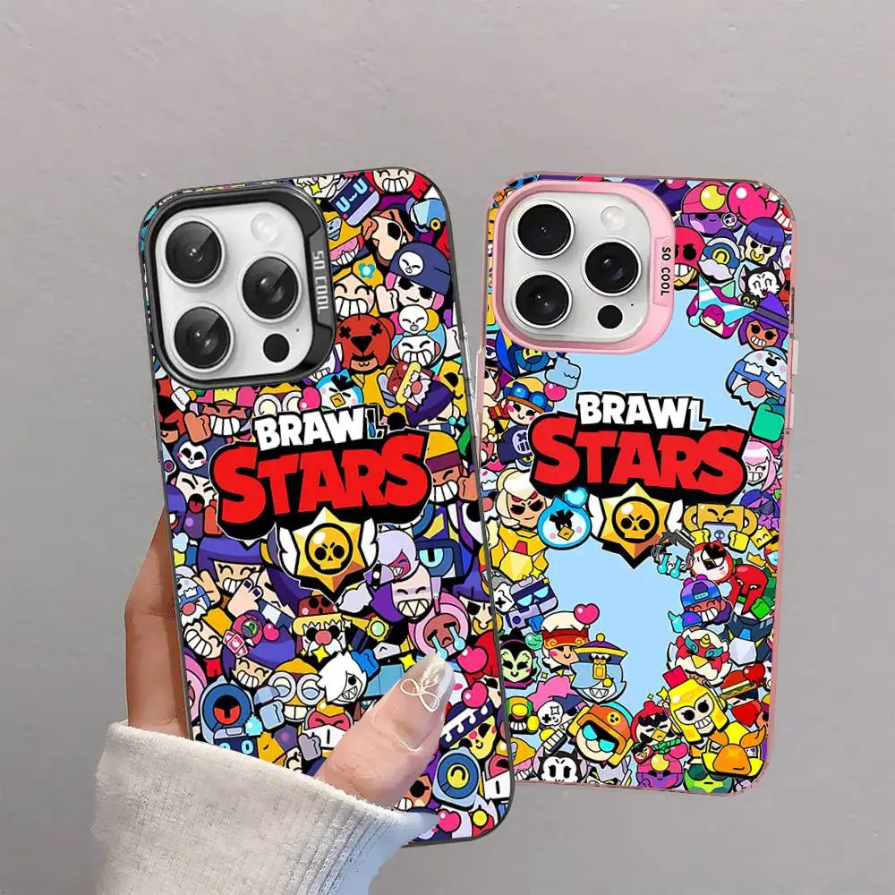 Two phone cases featuring colorful Brawl Stars cartoon graphics and the Brawl Stars logo, held up by a hand against a plain light gray wall.